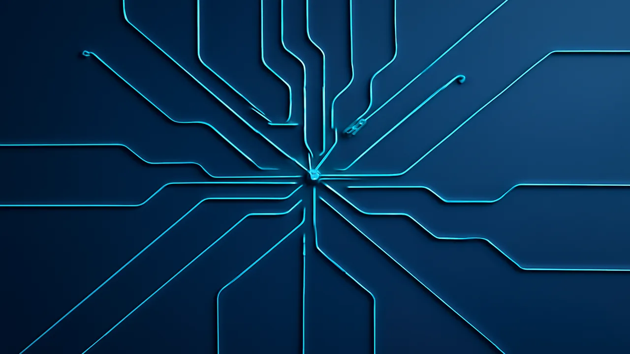 Abstract circuit-line render in steel blue and cyan converging into a central node, representing payment rail architecture