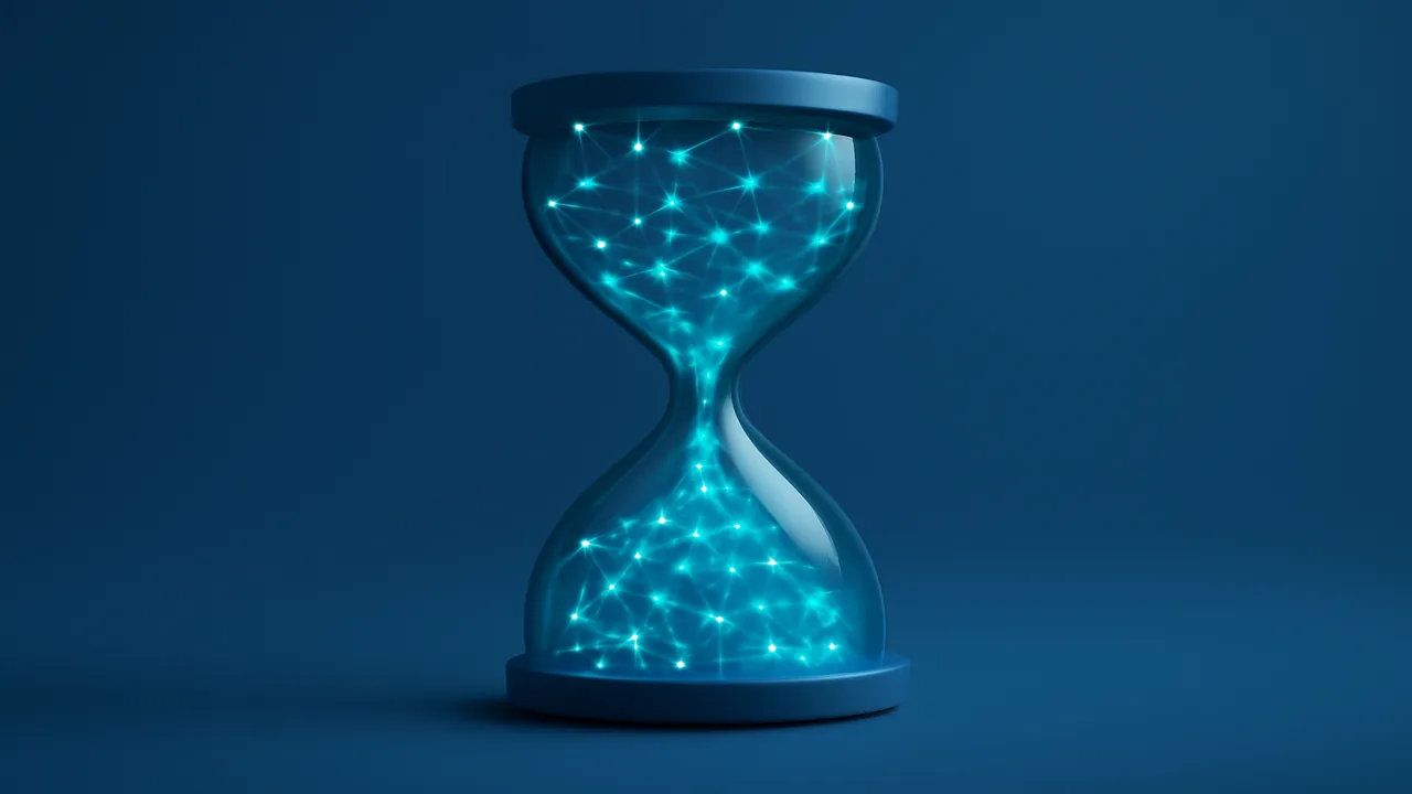 Abstract 3D hourglass with network-node particles representing settlement time between deposit and withdrawal